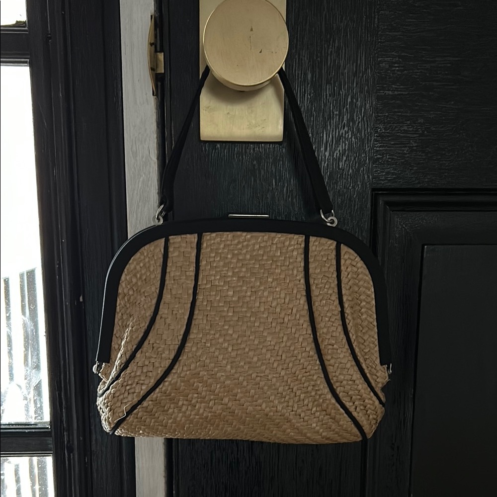Anne Taylor Loft Straw Handbag with Black Piping